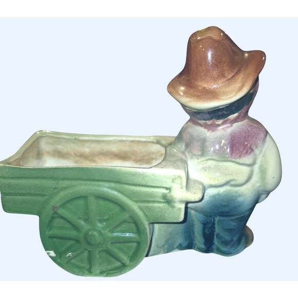 Vintage Ceramic Farmer Figurine With Wheelbarrow Planter - Picture 5 of 9